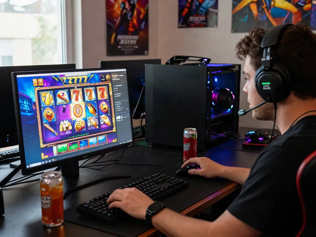 Exciting online gaming scene featuring a player engaged in slot777 gameplay with vibrant graphics and an immersive setup.
