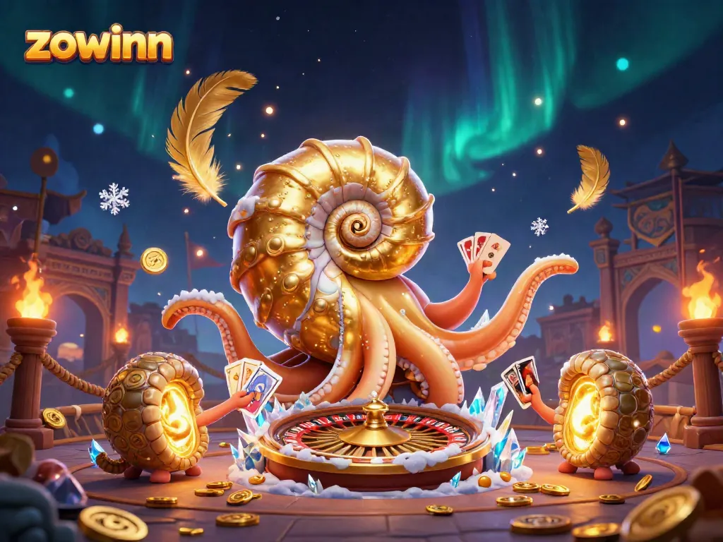 Zowinn's thrilling ancient casino scene showcases a giant nautilus as a roulette wheel with glowing ammonite companions.