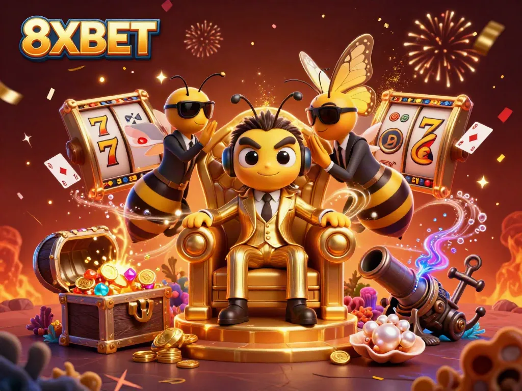 Engage with 8XBET’s exciting virtual casino world through a dynamic 3D illustration featuring gaming elements.
