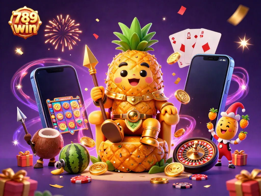 Engage with the vibrant 789 win casino scene featuring a pineapple king, coins, and slot games.