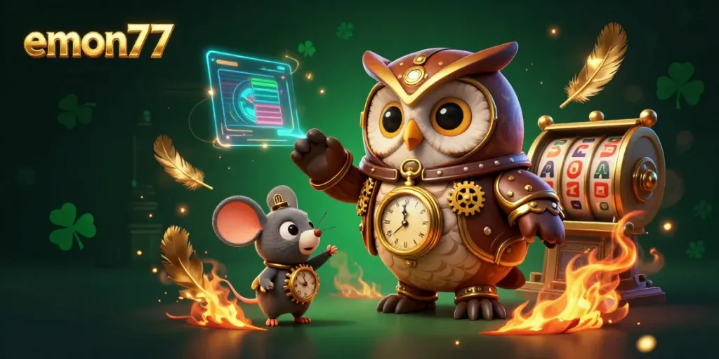 Experience the thrill of emon77 with vibrant casino scenes featuring dynamic slot elements and animated characters.