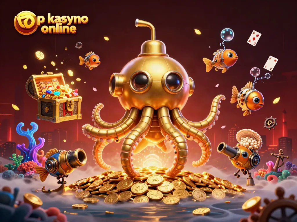 Engage with top kasyno online featuring 3D kraken submarine amidst slot reels and treasures.