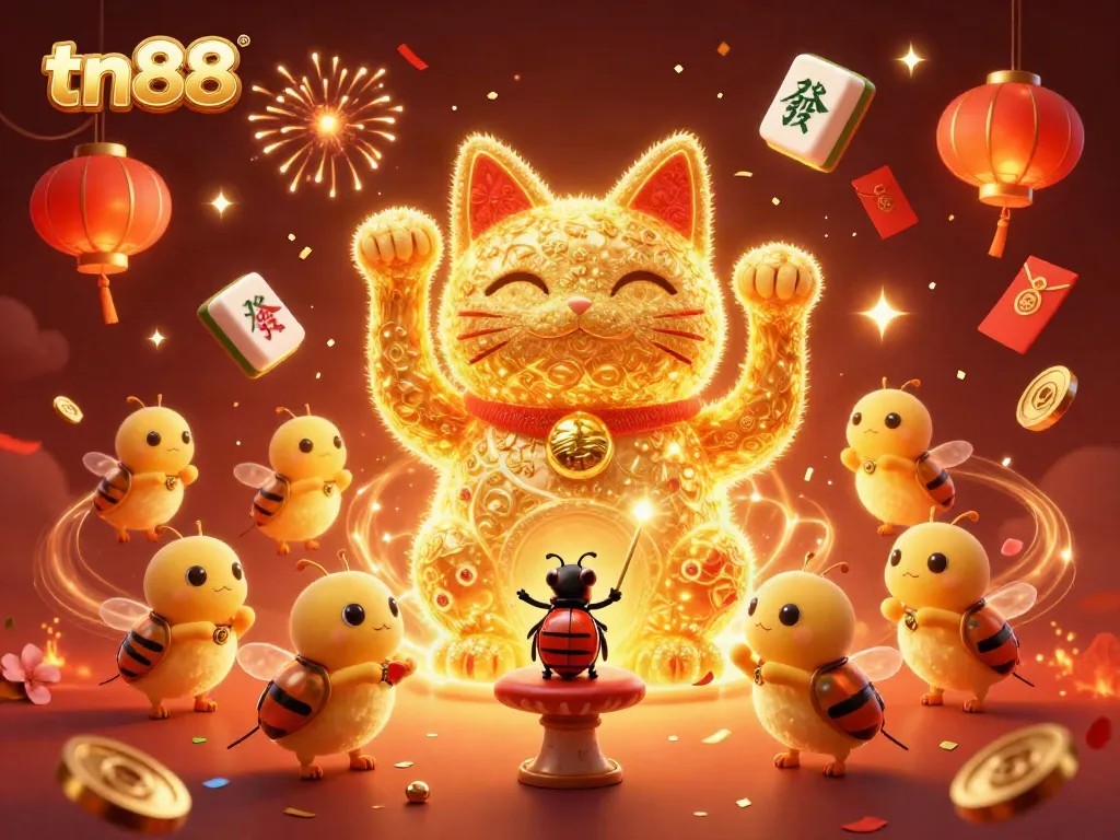 Engage with tn88's thrilling casino atmosphere showcasing a giant lucky cat made of golden fireflies.