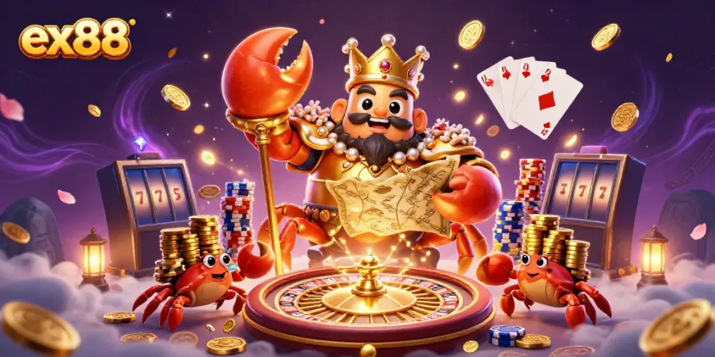 Experience excitement with ex88's golden crab emperor and treasure-filled casino illustration.