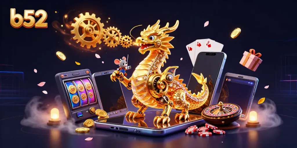 Engage with the thrilling b52 online gaming experience showcased through a golden dragon and casino elements.