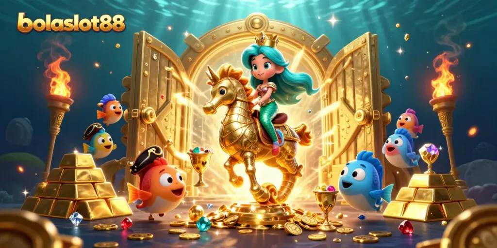 Experience exciting gaming with bolaslot88 in a vivid 3D underwater casino world featuring scripted slot elements and treasures.