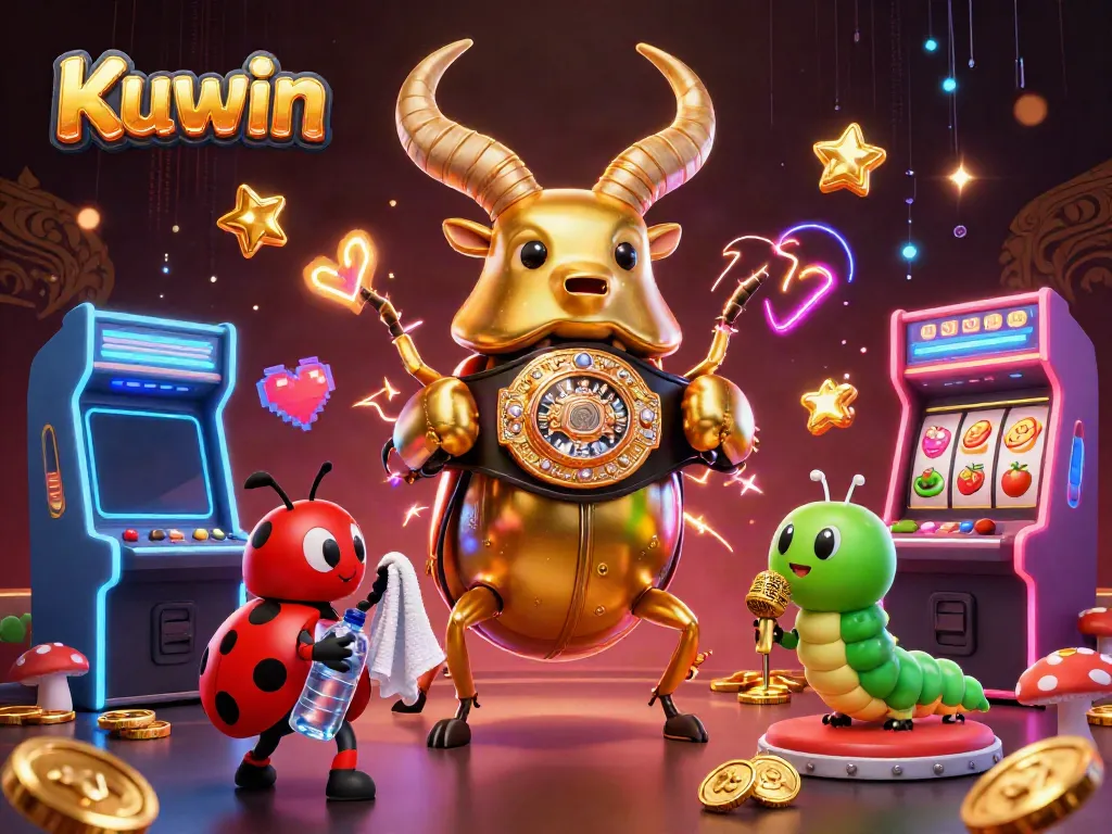 Kuwin features a vibrant 3D scene with a colorful giant beetle champion surrounded by arcade machines and slot game elements.