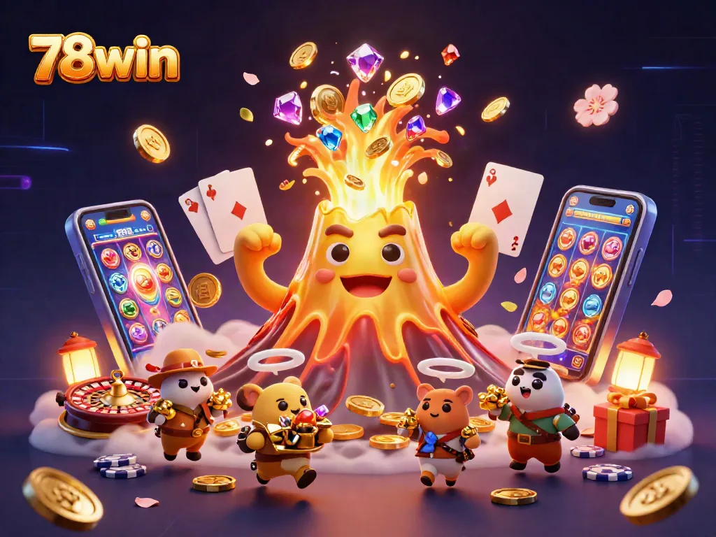 Engage with 78win's dynamic 3D illustration showcasing online casino excitement with coins and treasures.