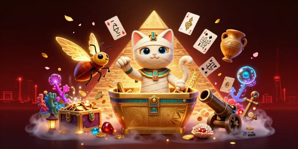 Experience fabet’s vibrant gaming world with an Egyptian mummy cat and glowing scarab; a thrilling casino adventure.