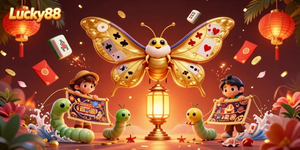 Experience the vibrant Lucky88 scene with a majestic moth and casino elements in a rich, dynamic composition.