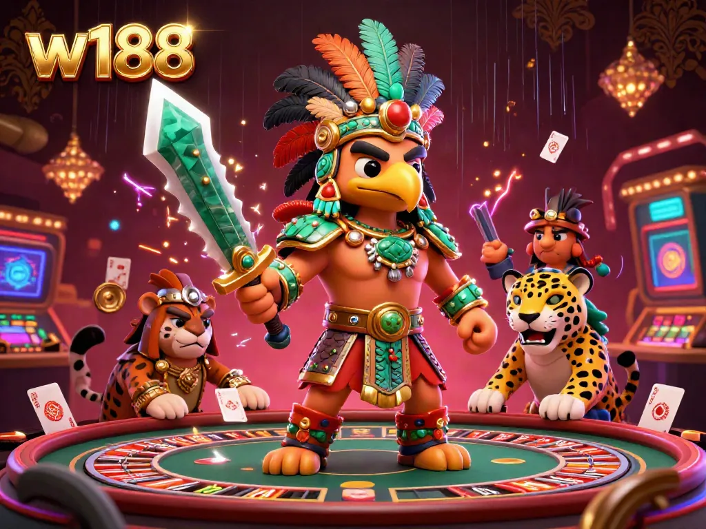 Engage in thrilling gameplay with w188's vibrant live casino featuring Aztec warriors and neon elements.