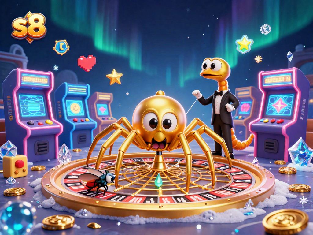 Place your bets with s8 in this lively 3D casino scene featuring a golden spider and centipede croupier.