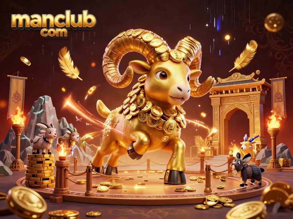 Experience the excitement of manclub com with dynamic casino elements and a powerful golden ram illustration.