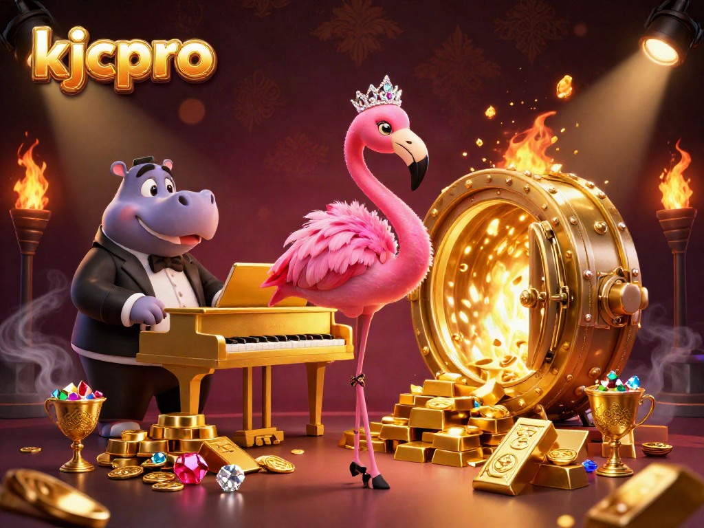 Kjcpro showcases a vibrant 3D casino illustration with a flamingo singer and gold treasures, enhancing the gaming experience.