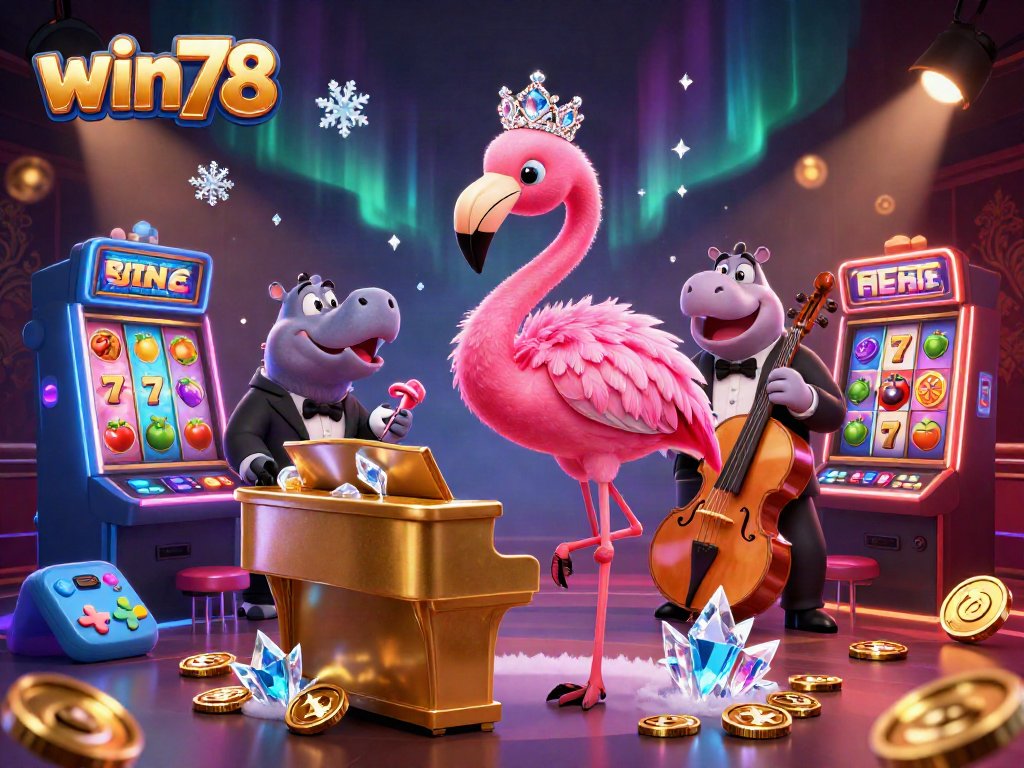 Experience the excitement of win78 with a vibrant 3D casino scene featuring a flamingo singer and hippo bassist.