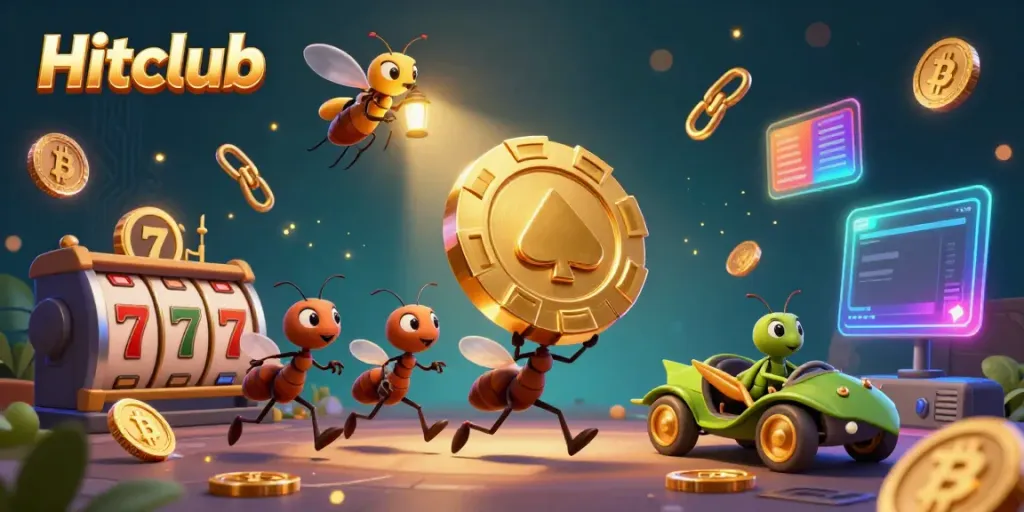 Hitclub ants transport a giant poker chip in a vibrant heist scene packed with gaming elements.