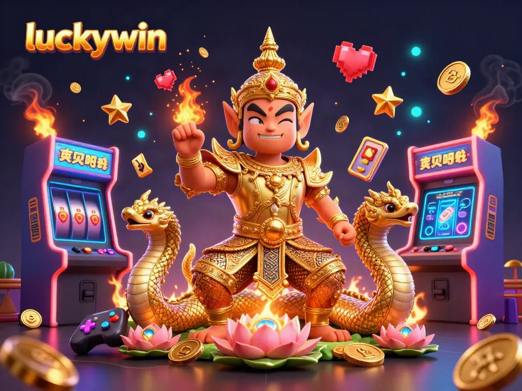 Experience luckywin magic with a vibrant casino scene featuring dynamic game elements and a friendly guardian.