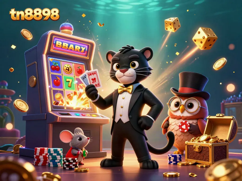 Experience thrilling games with tn8898 as the stylish black panther deals cards amidst a jackpot explosion.