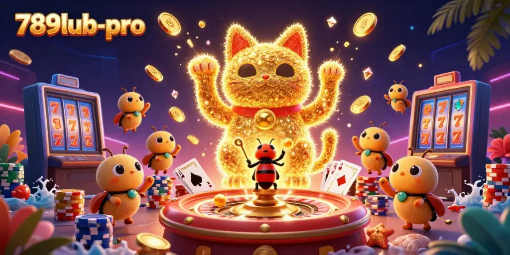 Experience the magic of 789lub-pro with a vibrant display of a lucky cat and casino symbols.
