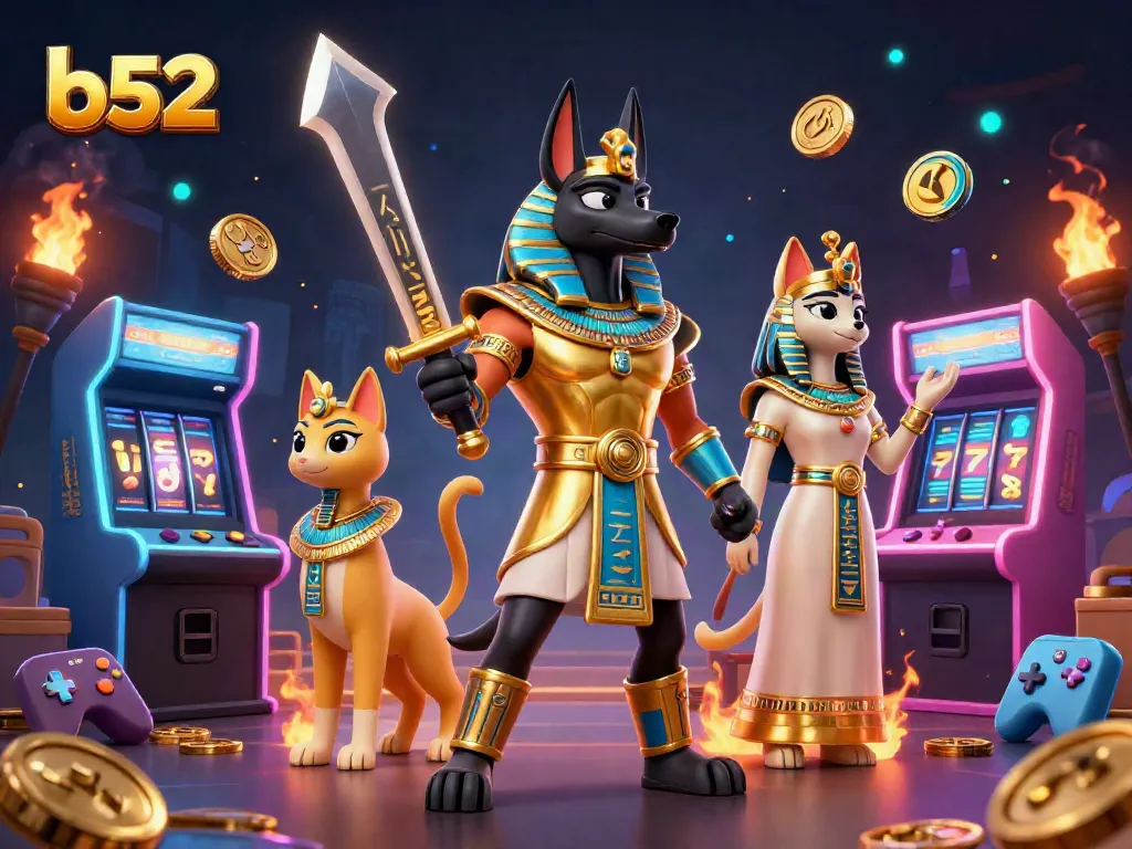Engage in thrilling slots at b52 with vibrant ancient Egyptian characters and casino elements.