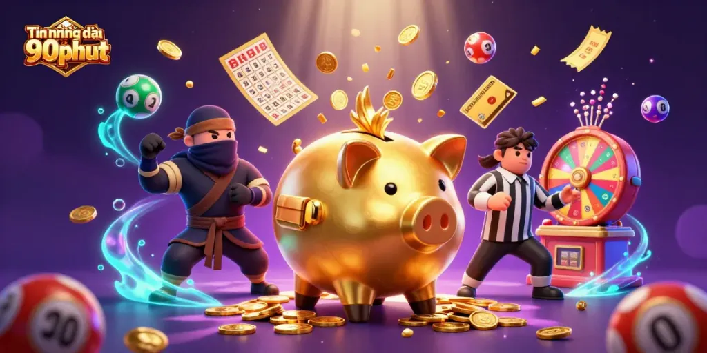 Tin tức bóng đá 90phut showcases a vibrant 3D gaming scene with dynamic elements and characters.