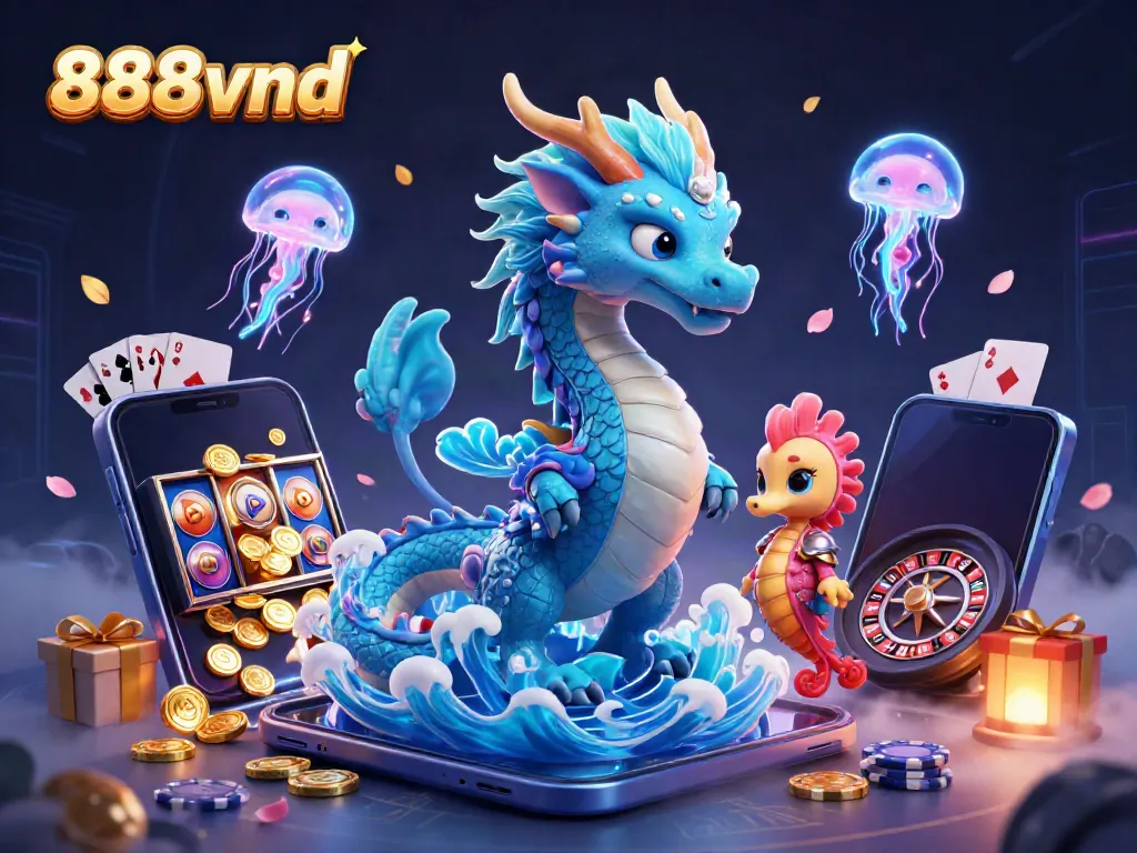 Experience thrilling gameplay with 888vnd, featuring a vibrant 3D scene of a dragon, seahorse knight, and neon jellyfish.