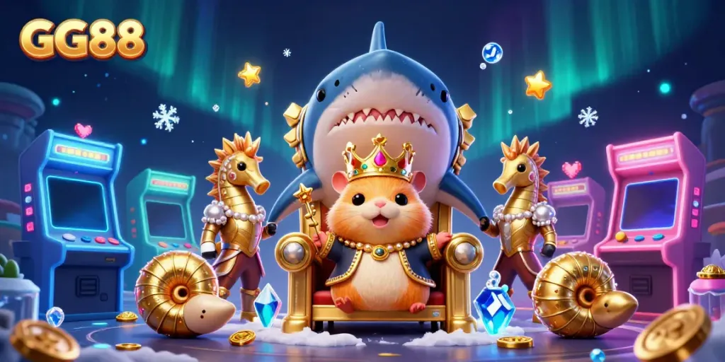 Engage with GG88's vibrant casino offerings through this animated 3D illustration featuring a golden hamster king and royal guards.