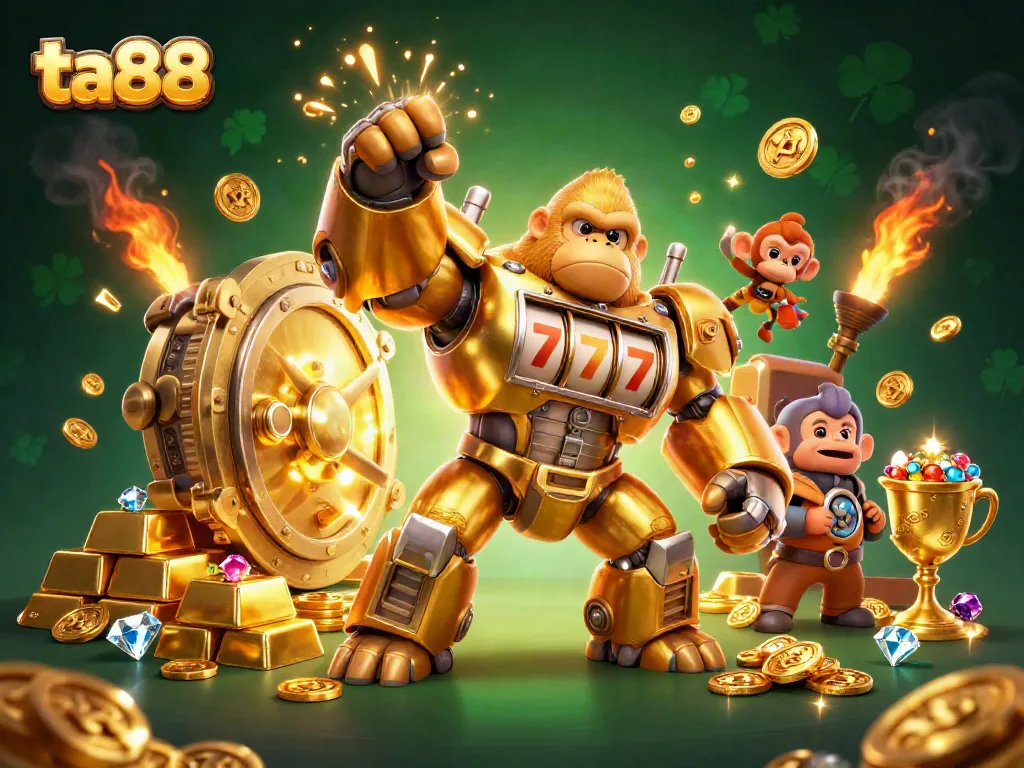 Experience thrilling wins with TA88's explosive slot action featuring a golden gorilla mech.