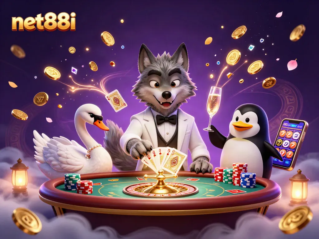 Experience high-stakes gaming with net88i at a dynamic baccarat table featuring iconic characters.