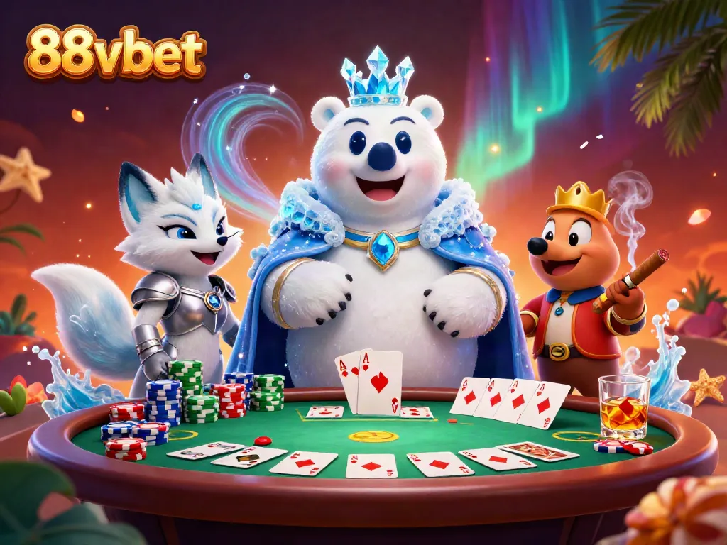 Experience thrilling gaming adventures with 88vbet's engaging poker scene featuring a polar bear and fox.
