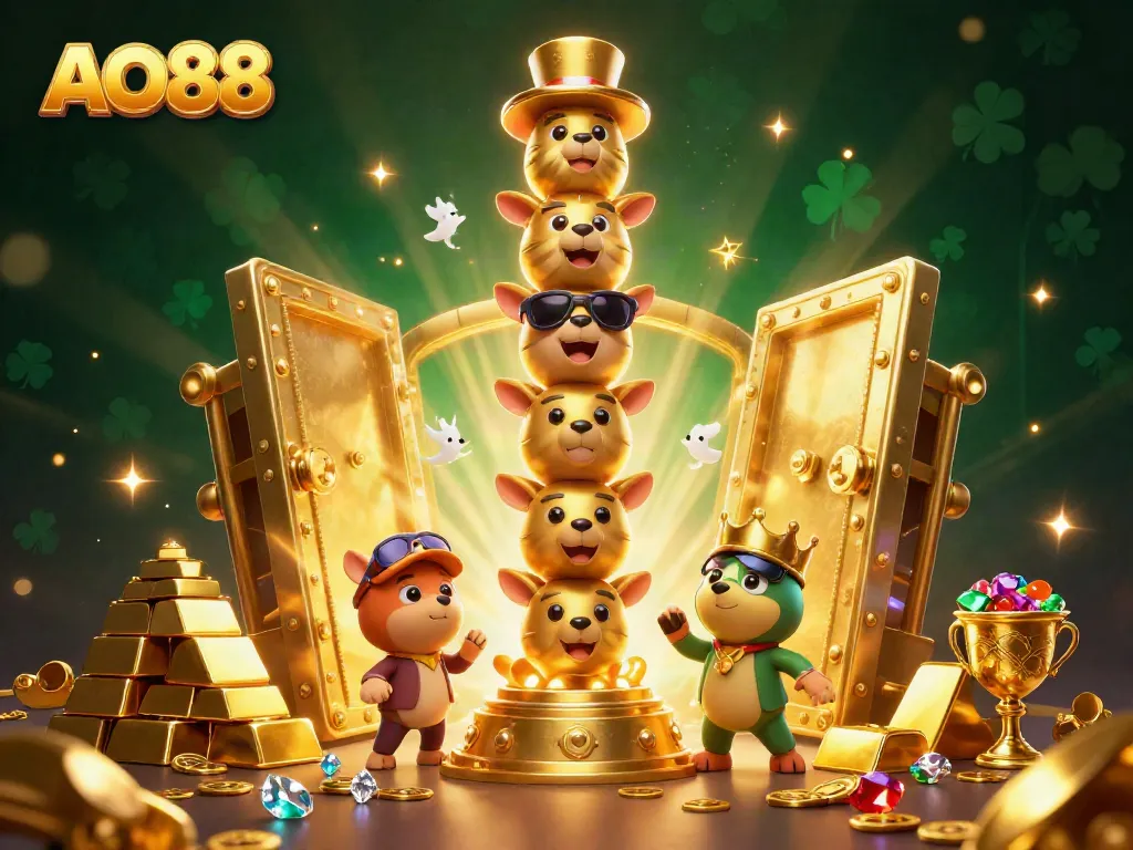 Experience excitement with AO88's vibrant casino illustration showcasing a dynamic golden totem pole surrounded by treasures and good fortune.