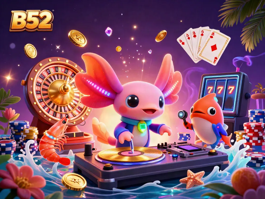 B52 players enjoy vibrant casino action with neon axolotl DJ and colorful game elements.