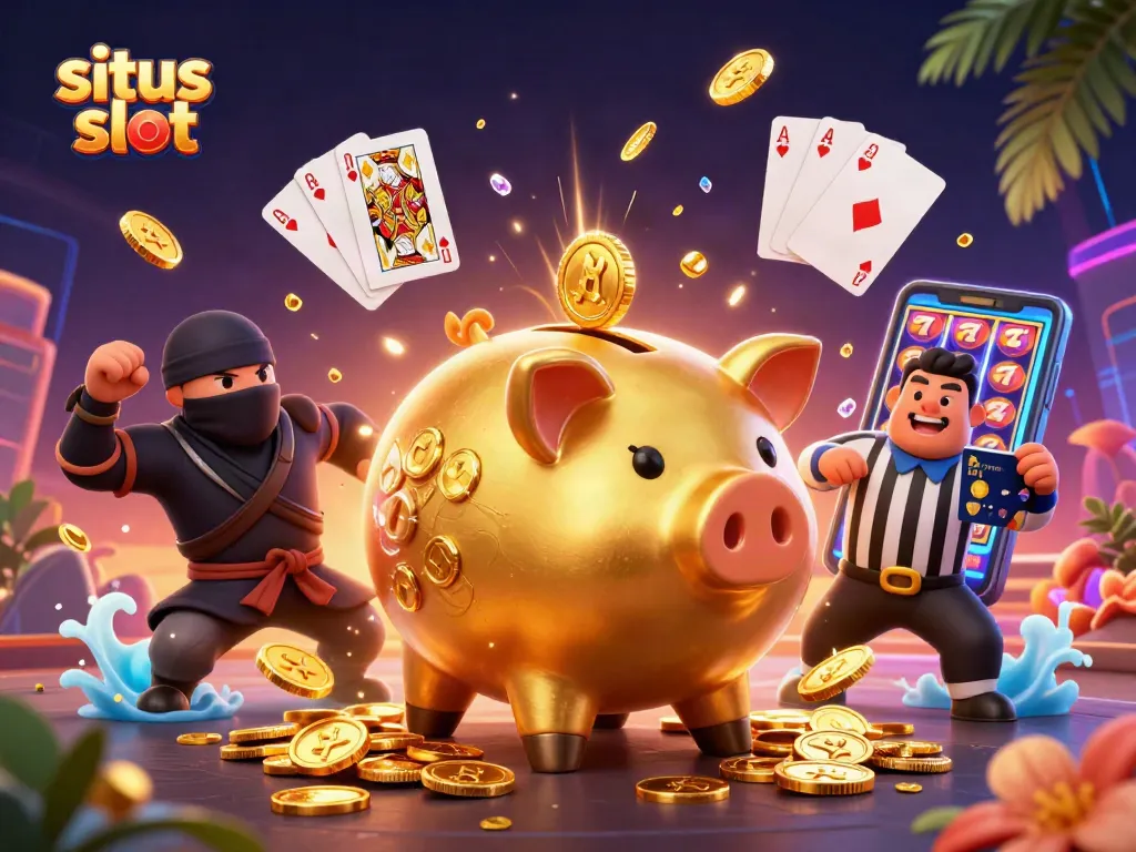 Situs slot gaming adventure with a dynamic illustration of a piggy bank sumo wrestler, wallet ninja, and credit card samurai.