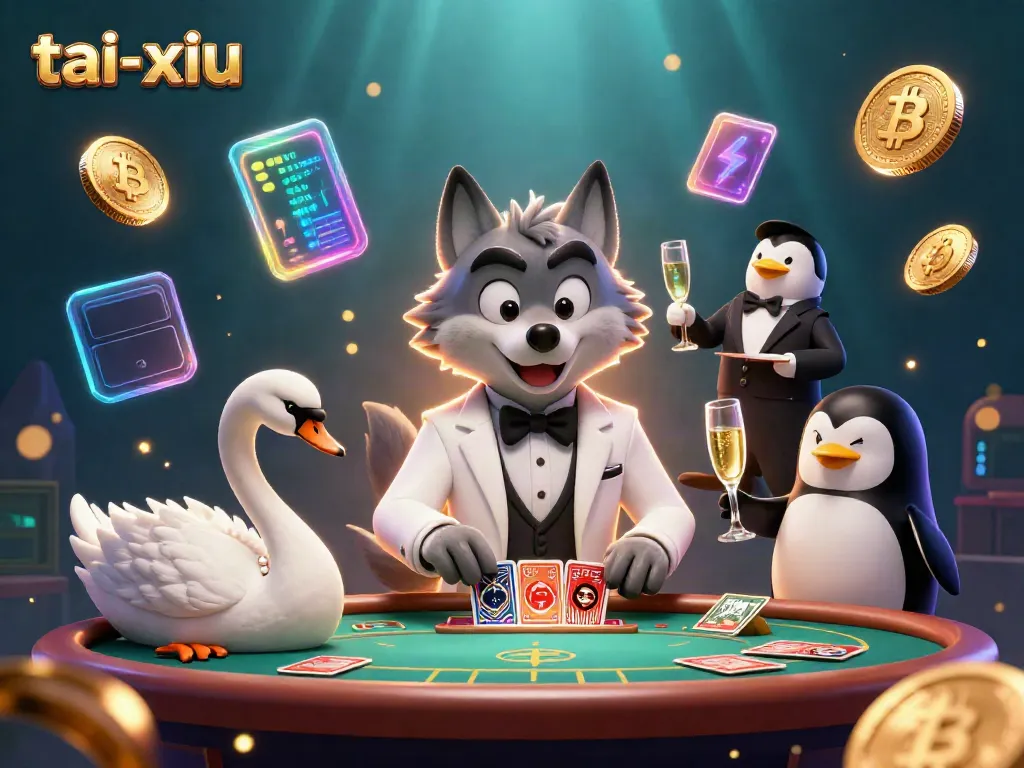 Play tai-xiu with thrilling 3D characters at a baccarat table with vibrant casino elements surrounding them.