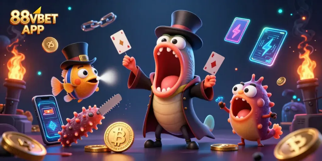 Engage with the exciting 88VBET APP featuring animated casino magic in a vibrant underwater setting.