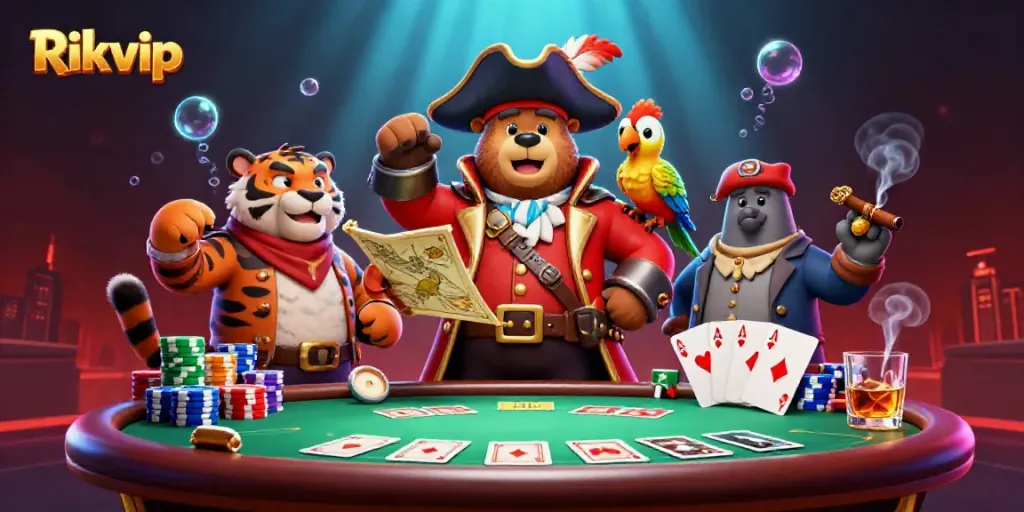 Experience thrilling game action with Rikvip as a pirate captain bear and fierce tiger in a vibrant 3D scene.