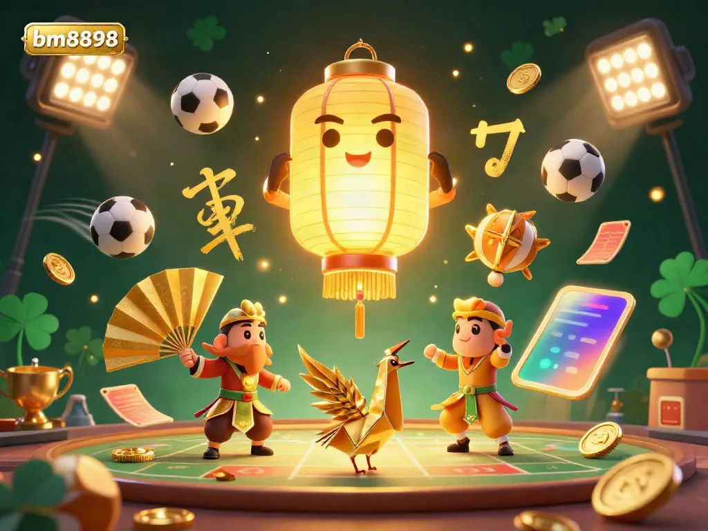 Engage in thrilling games at bm8898 casino, vibrant spirit with lucky symbols and dynamic sports elements.
