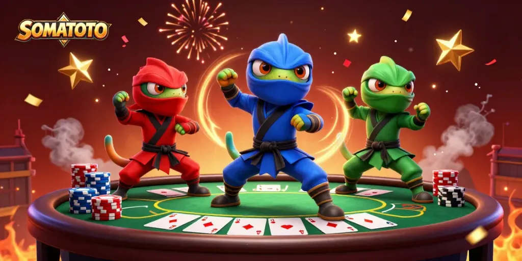 SOMATOTO ninja chameleons engage in vibrant martial arts poses above a lively poker scene.