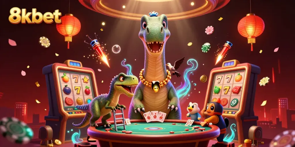 Experience the dynamic world of 8kbet with a dazzling casino scene featuring a brontosaurus and raptor!