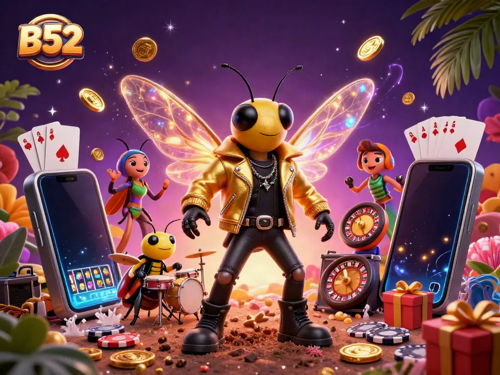 Experience the excitement of B52 gaming with a vibrant 3D scene featuring thrilling slot games, fun characters, and festive decorations.