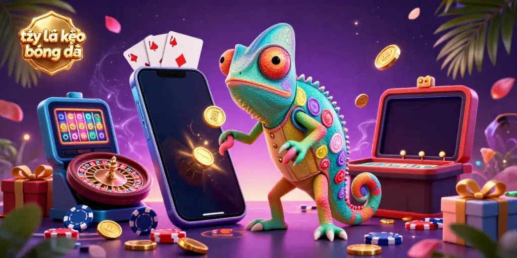 Engage with tỷ lệ kèo bóng đá in a vibrant casino scene featuring a chameleon owner, roulette table, and golden coins.