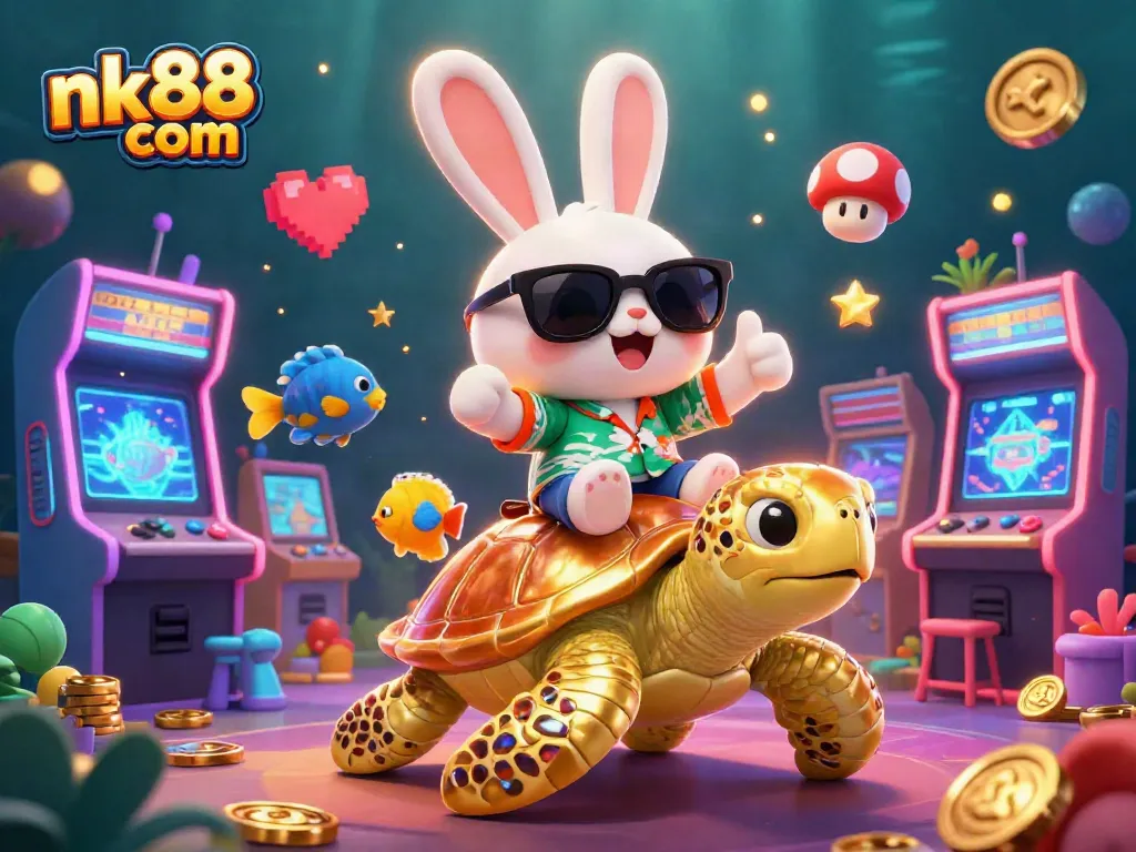 Experience thrilling play with nk88 com, featuring a lucky rabbit and golden turtle in a colorful casino scene.