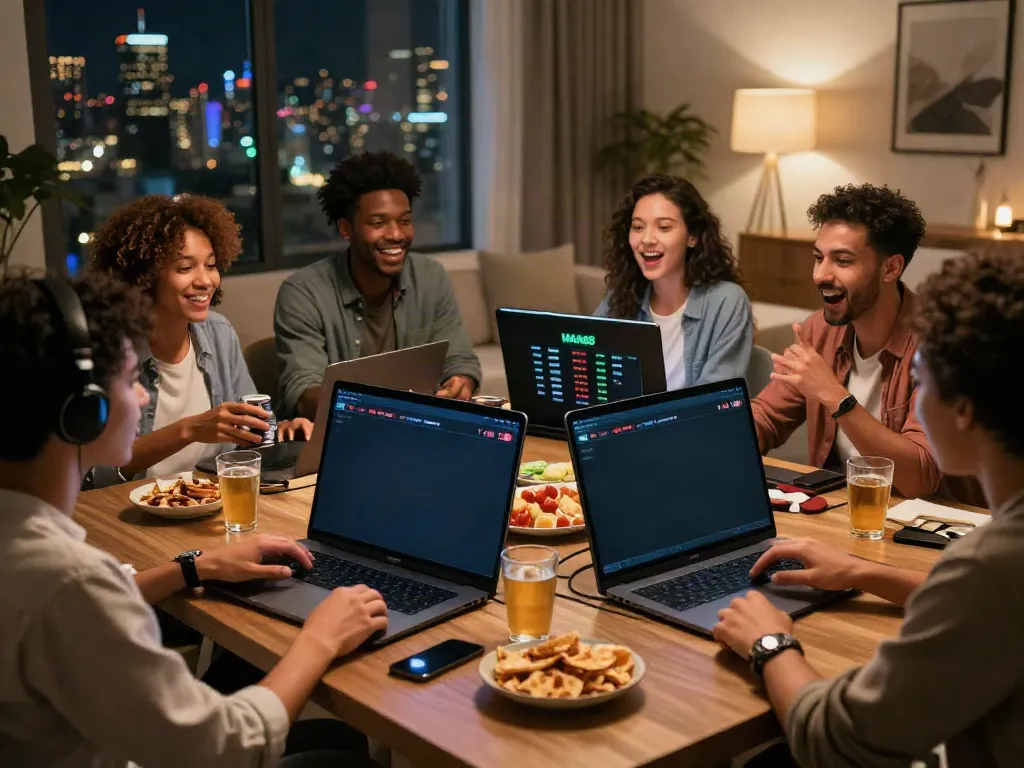 Engaging scene at https://man881.jp.net/ with friends enjoying live sports betting, showcasing smartphones, snacks, and a vibrant living room.