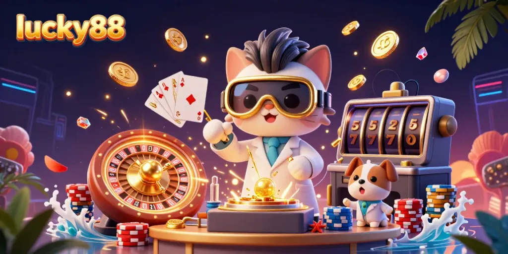 Experience the excitement of lucky88 with golden coins, sparkling gems, and a joyful cartoon scene showcasing casino elements.