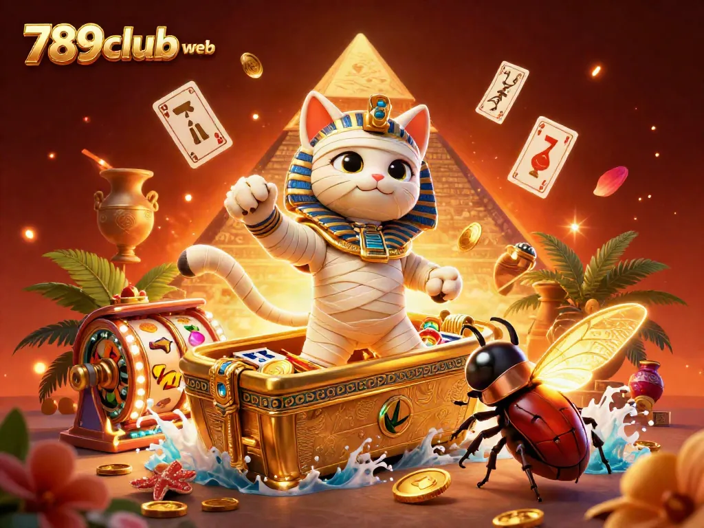 Engage in thrilling gameplay at 789club web with a captivating 3D casino illustration featuring a lively Egyptian mummy cat.