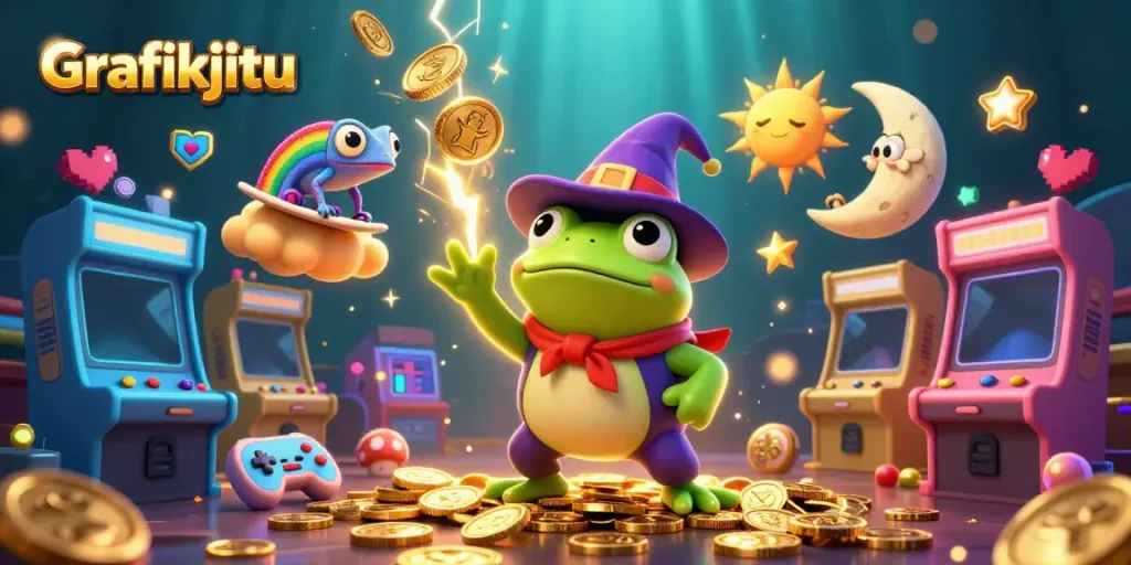 Experience the excitement of Grafikjitu as the frog wizard conjures golden coins in a vibrant casino world.
