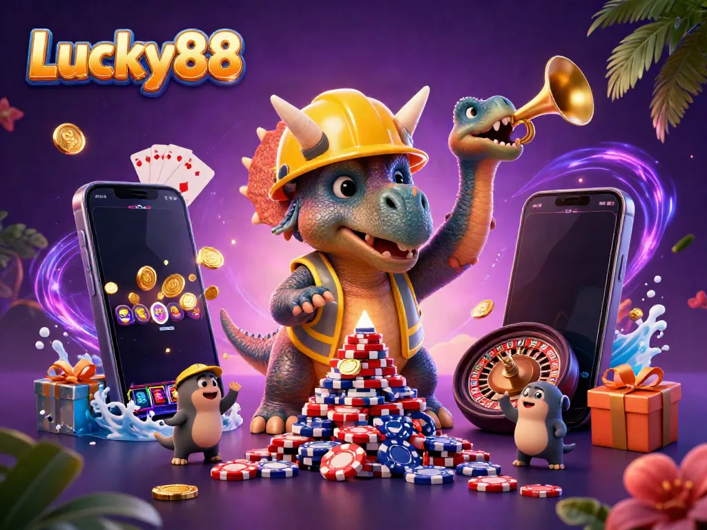 Lucky88's vibrant gaming scene with a triceratops building poker chips, showcasing thrills and excitement.