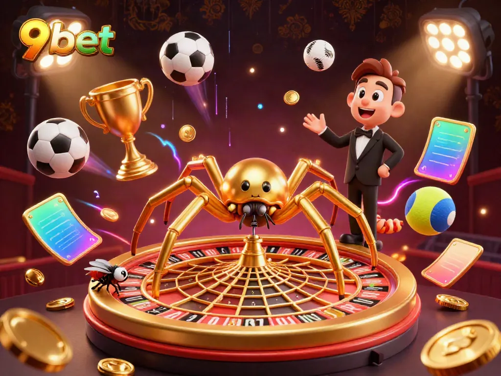Engage in thrilling action with 9bet as a golden spider nestles a roulette wheel, embodying the excitement of wagering.