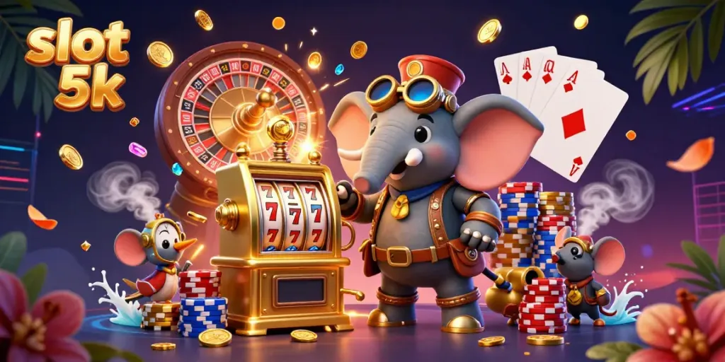 Engage with slot 5k through a vibrant 3D scene of a steampunk elephant operating a slot machine amidst falling coins.