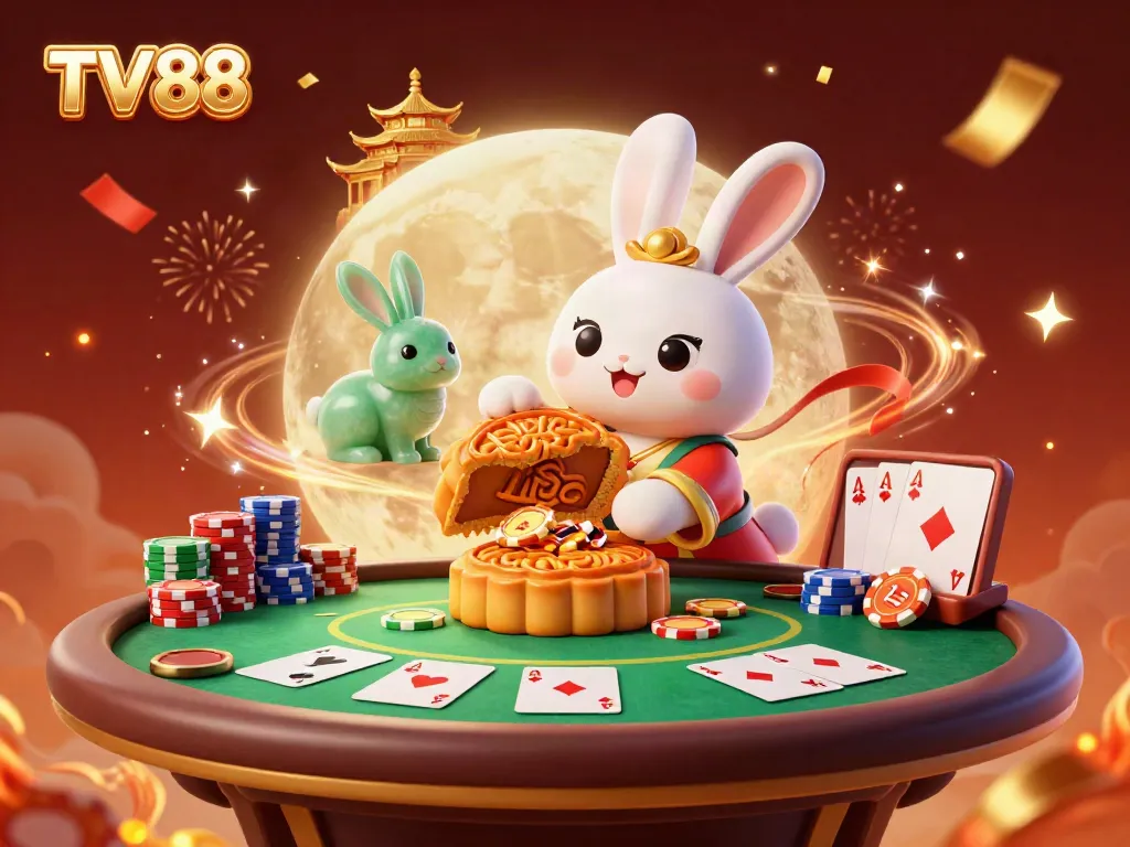 Experience thrilling casino action at TV88 with a folklore-inspired rabbit scene revealing poker chips while celebrating.